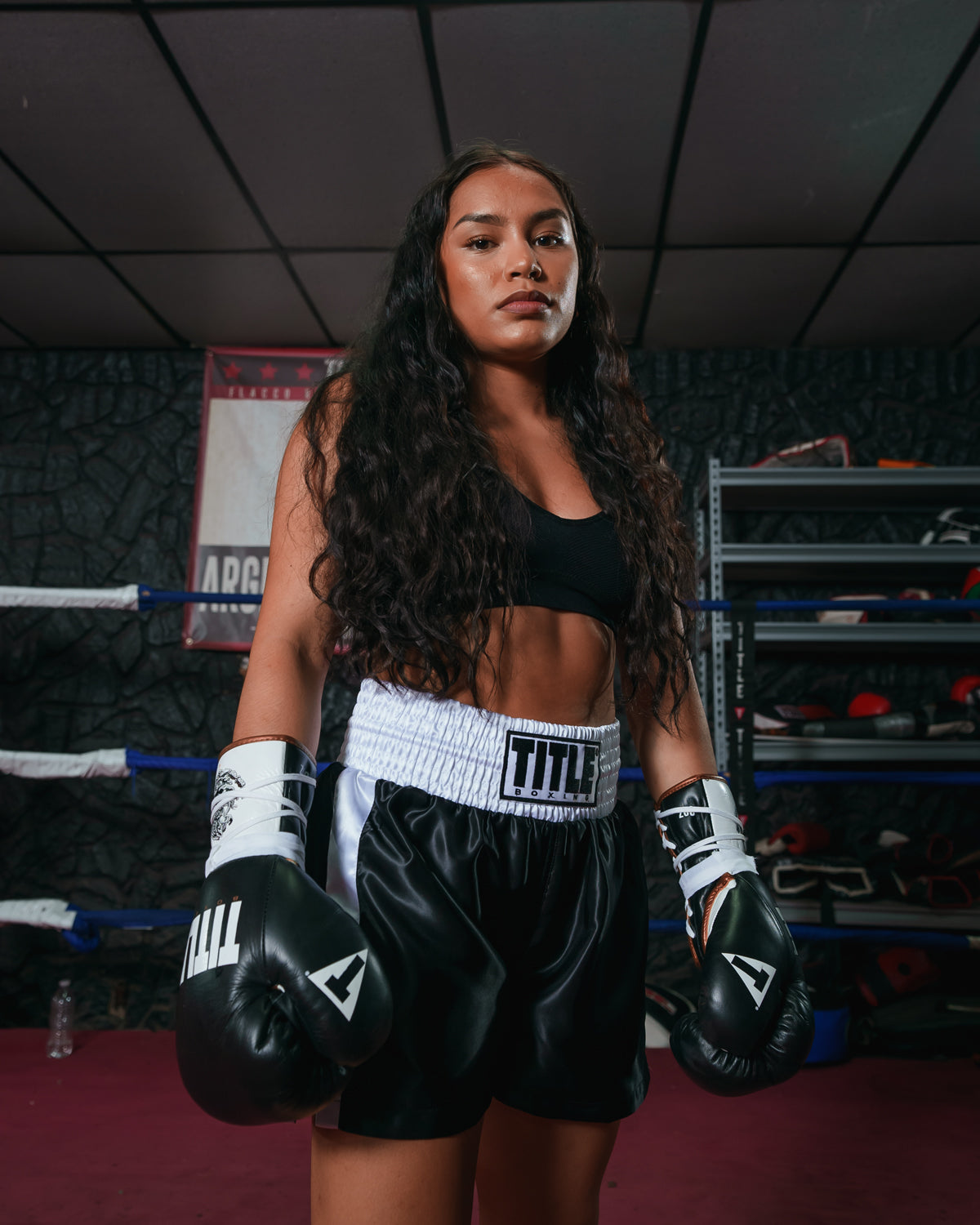 variant:black/white::TITLE Boxing Professional Women’s Satin Striped Boxing Trunks girl with hands down