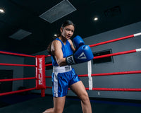 variant:blue/white::TITLE Boxing Professional Women’s Satin Striped Boxing Trunks girl boxing stance