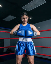variant:blue/white::TITLE Boxing Professional Women’s Satin Striped Boxing Trunks girl hands together 