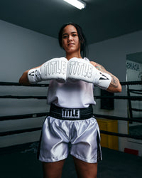 variant:white/black::TITLE Boxing Professional Women’s Satin Striped Boxing Trunks girl hands together
