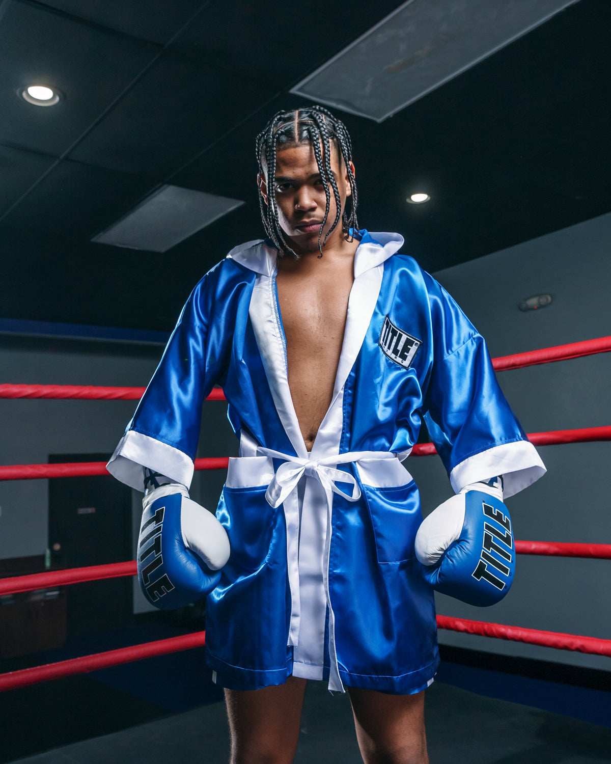 variant:blue/white::TITLE Boxing Stock Fingertip Robe 2.0 front view hood down in ring