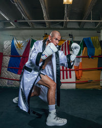 variant:white/black::TITLE Boxing Stock Full Length Robe 3.0 guy hood down and boxing stance