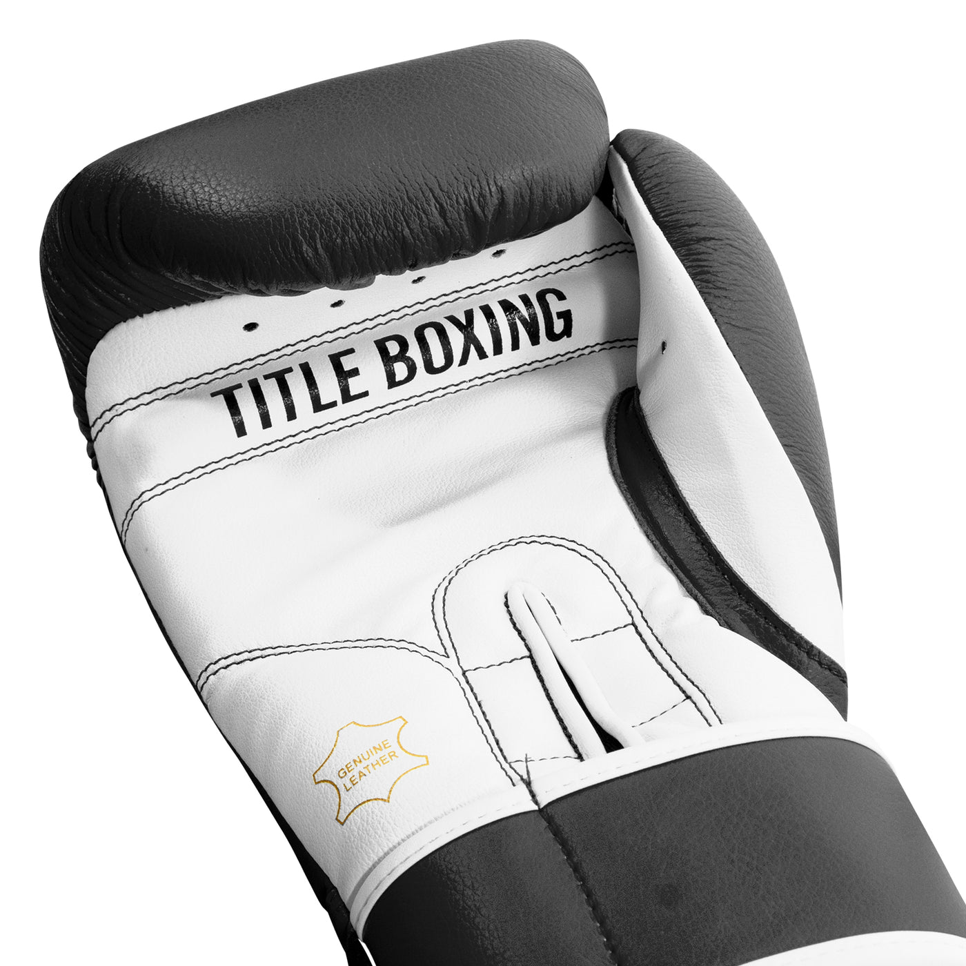 variant:black/white::TITLE Boxing Leather Sparring Bundle single glove palm view closeup