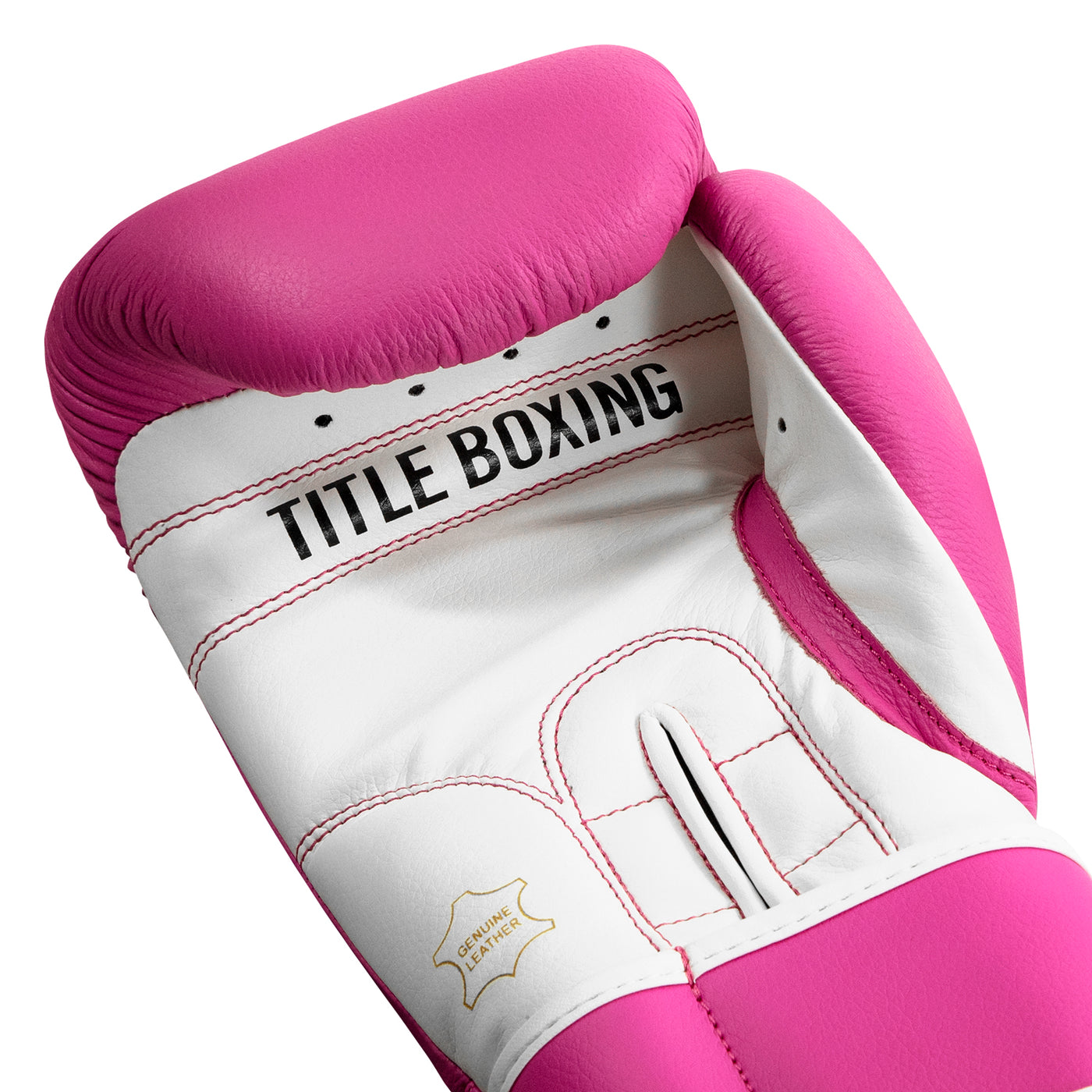 variant:pink/white::TITLE Boxing Leather Sparring Bundle single glove palm view closeup