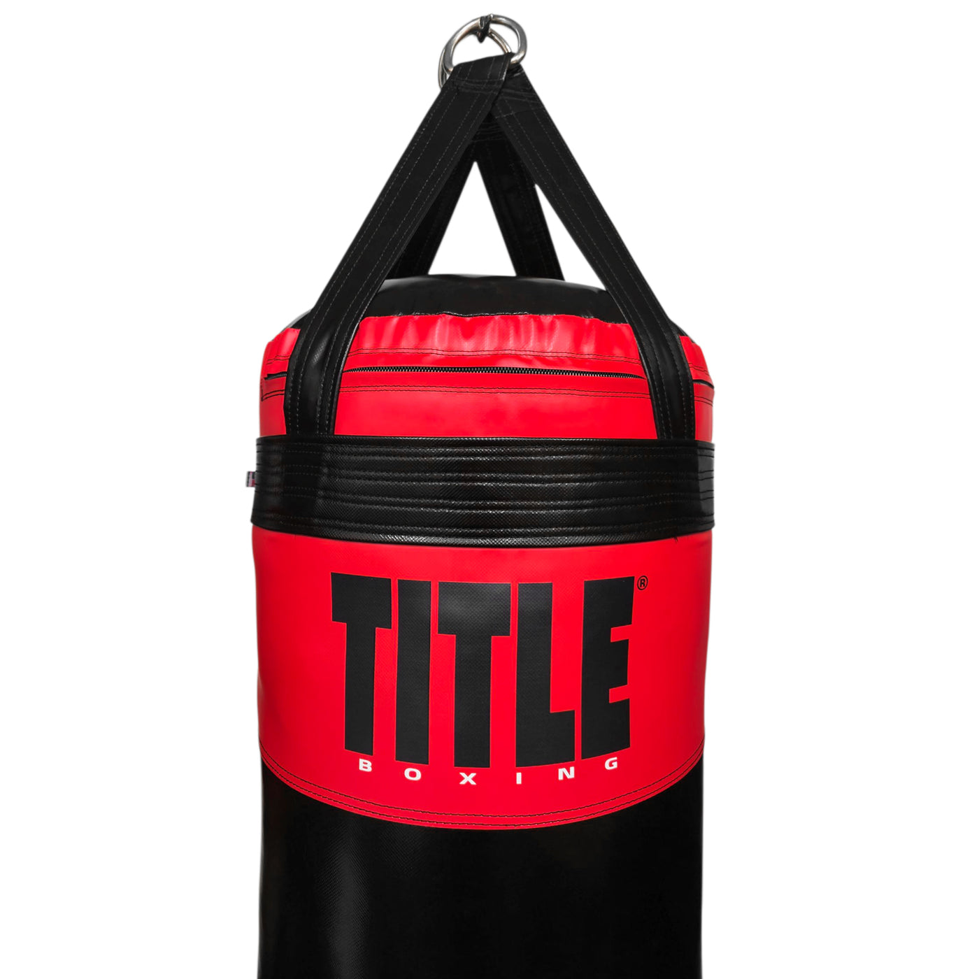 variant:Black/Red::TITLE Boxing Made in the USA 135lb Punching Bag closeup of top of bag