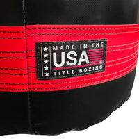 variant:Black/Red::TITLE Boxing Made in the USA 135lb Punching Bag closeup of Made in USA label