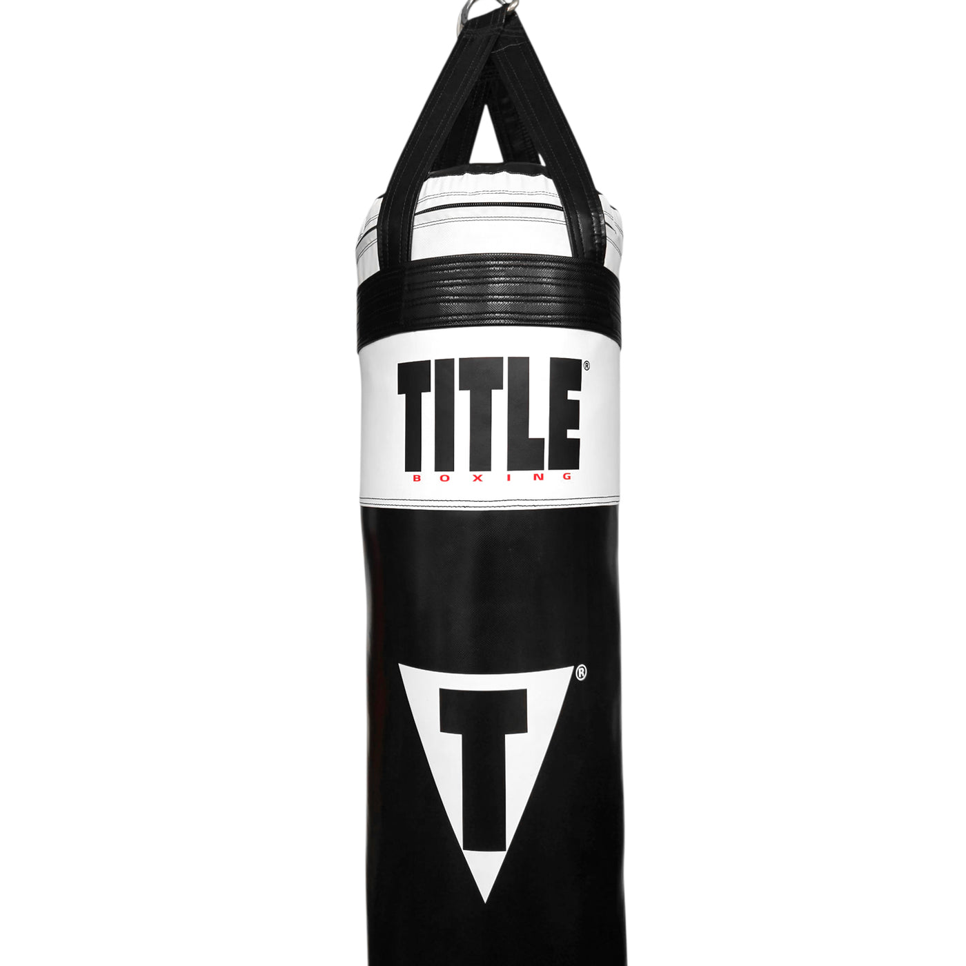 variant:Black/White::TITLE Boxing Made in the USA 135lb Thai Heavy Bag closeup pf top of bag