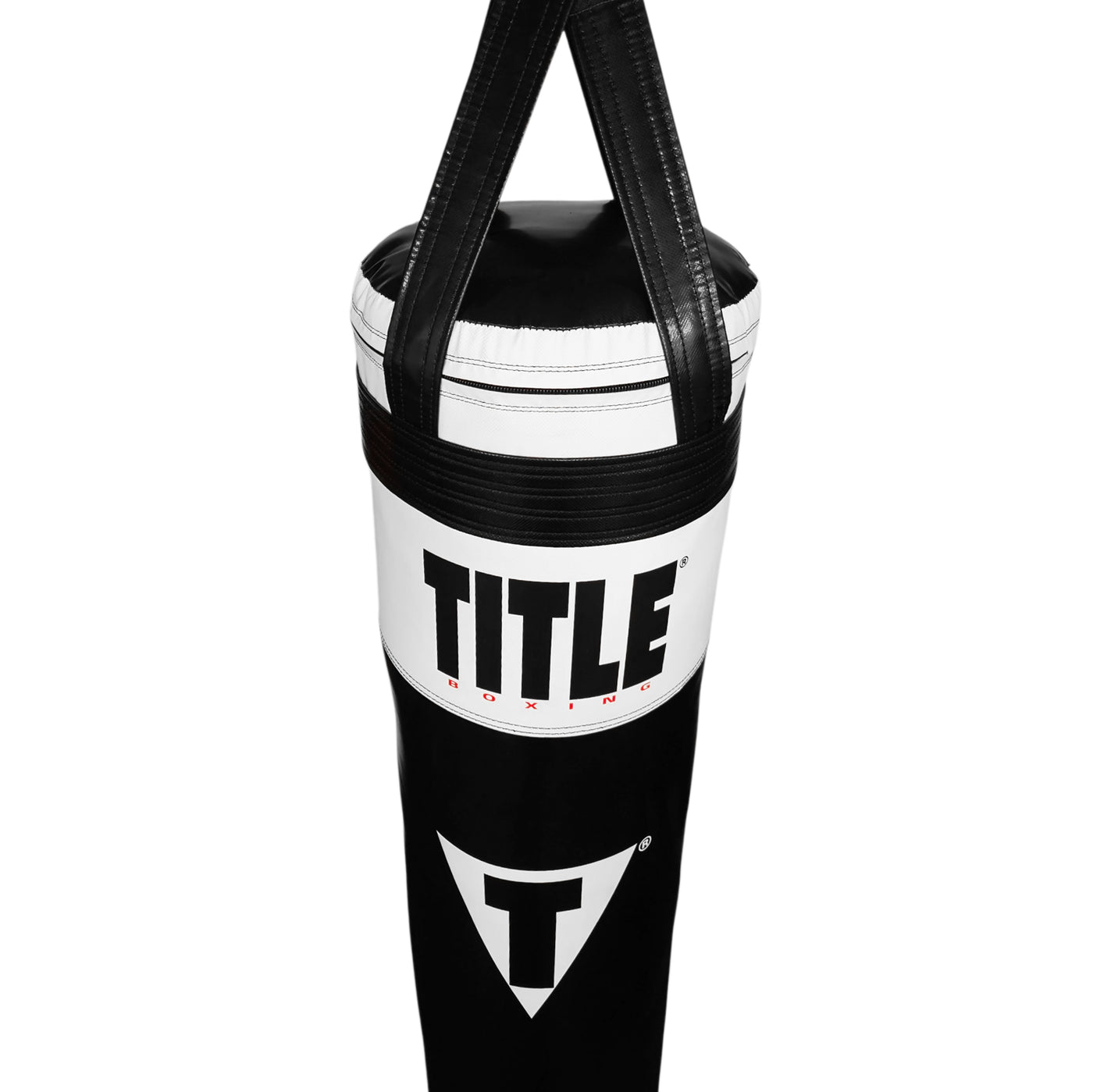 variant:Black/White::TITLE Boxing Made in the USA 135lb Thai Heavy Bag closeup of hanging straps
