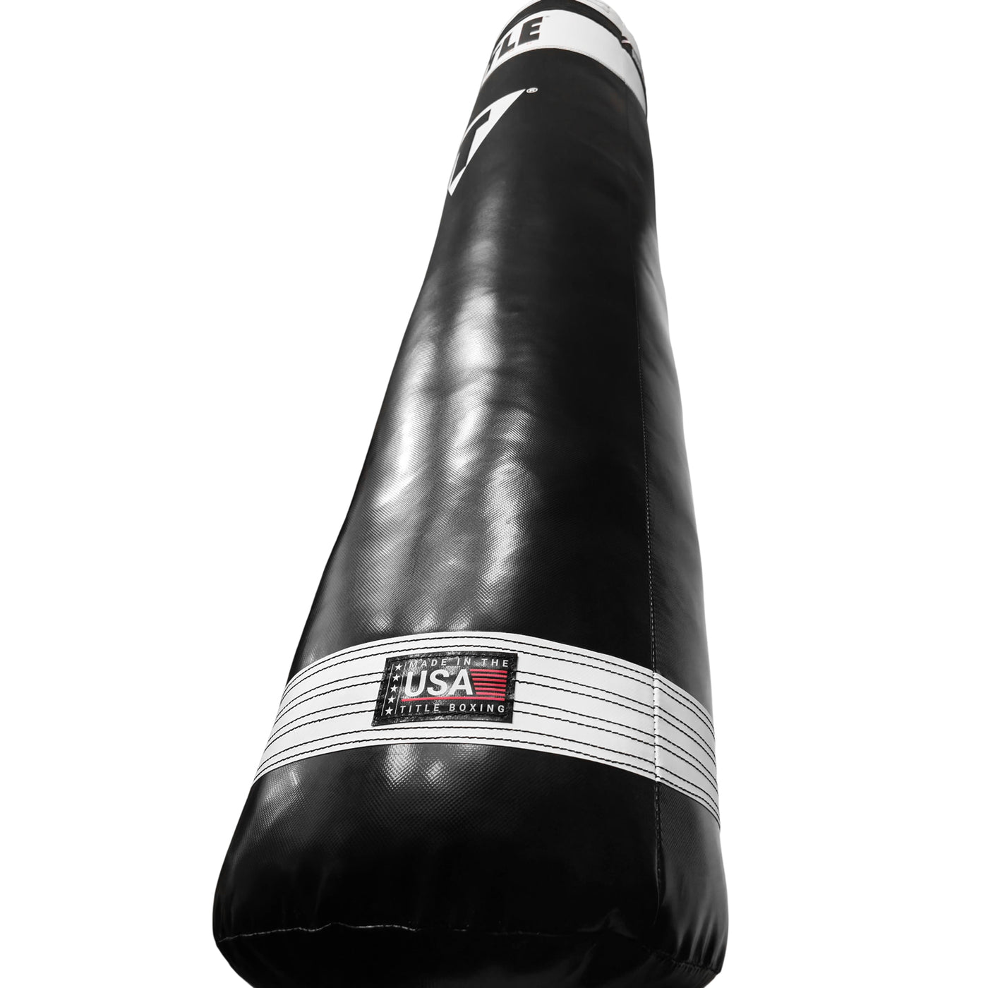 variant:Black/White::TITLE Boxing Made in the USA 135lb Thai Heavy Bag closeup of bottom of bag 