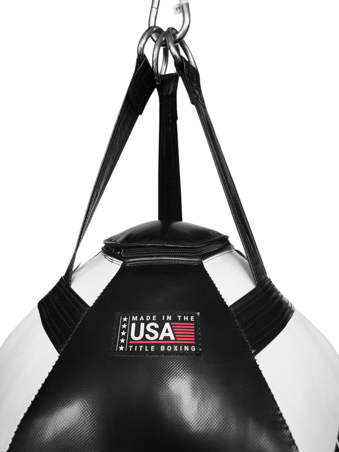 variant:Black/White::TITLE Boxing Made in the USA Wrecking Ball Heavy Bag closeup of Made in USA label