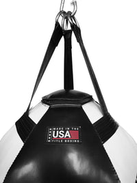 variant:Black/White::TITLE Boxing Made in the USA Wrecking Ball Heavy Bag closeup of Made in USA label