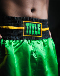 variant:Green/Black::WBC by TITLE Boxing Professional Boxing Trunks closeup of TITLE Boxing logo