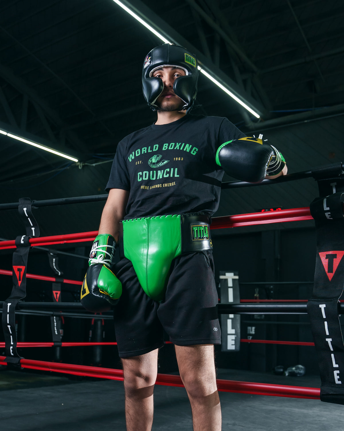 variant:lifestyle::WBC by TITLE Boxing Sparring Gear Bundle groin protector on boxer