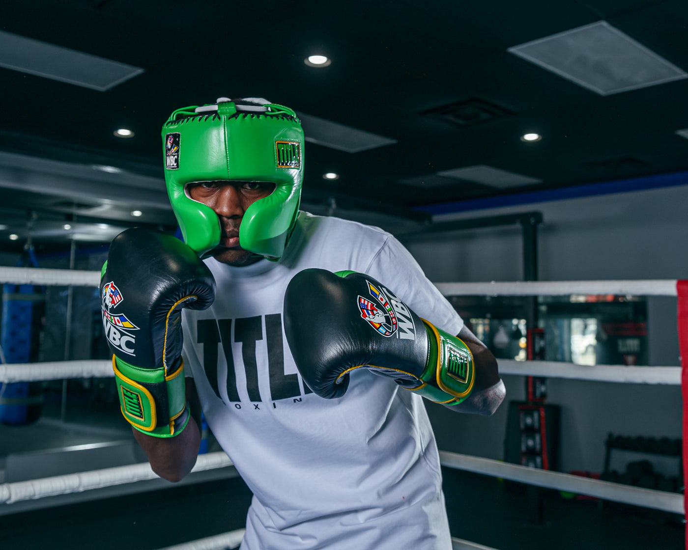 variant:Green::WBC by TITLE Boxing Sparring Headgear boxing stance