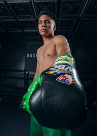 variant:black/green::WBC by TITLE Boxing Pro Fight Leather Gloves left hand down towards camera