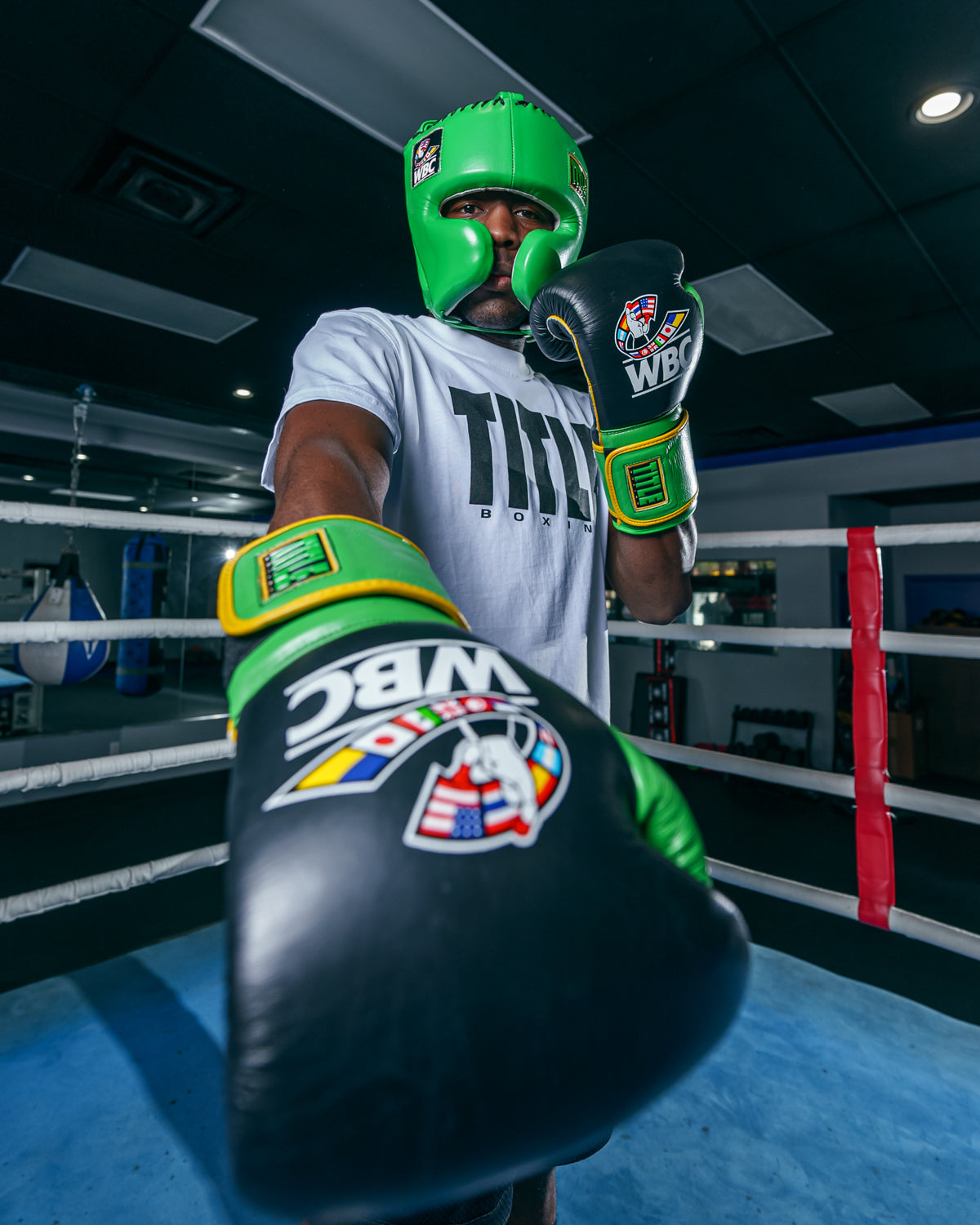 variant:Black/Green::WBC by TITLE Boxing Training Gloves boxing left hand out