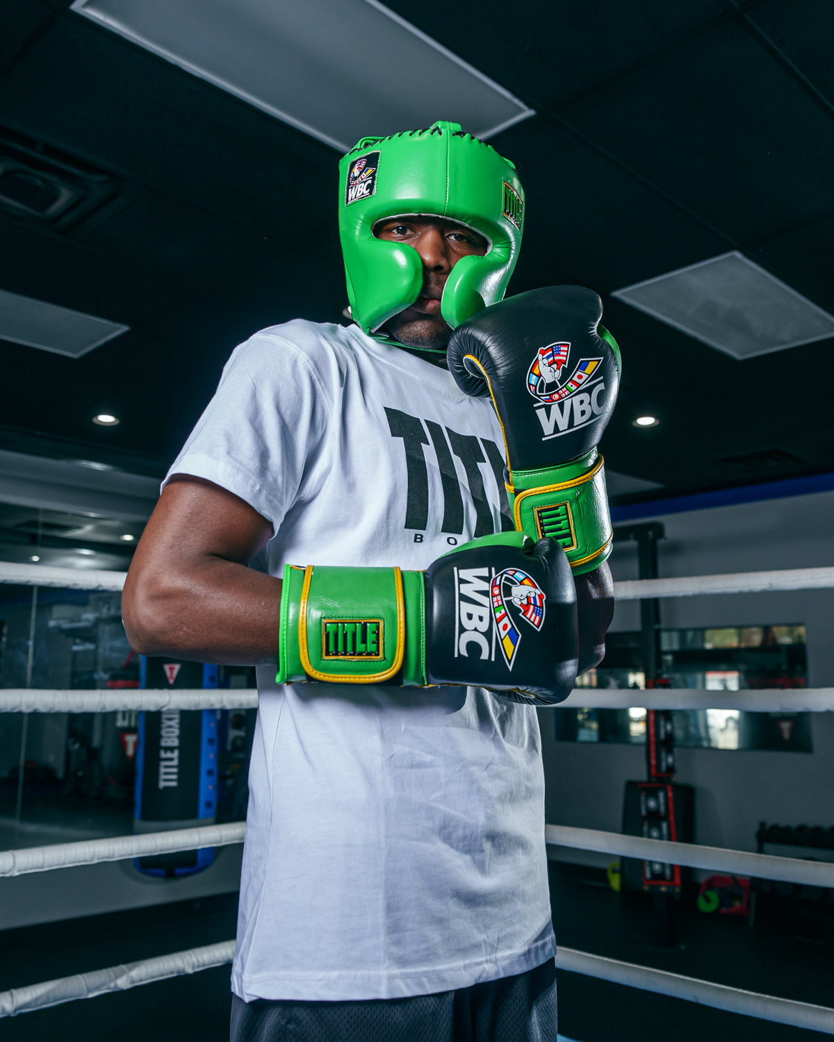 variant:Black/Green::WBC by TITLE Boxing Training Gloves boxing stance