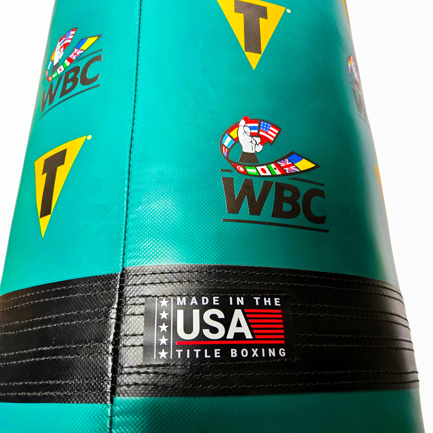 variant:lifestyle::WBC By TITLE Boxing Made In USA 100lb Heavy Bag closeup of bottom