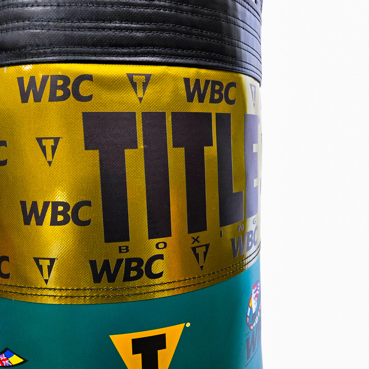 variant:lifestyle::WBC By TITLE Boxing Made In USA 100lb Heavy Bag closeup of top label