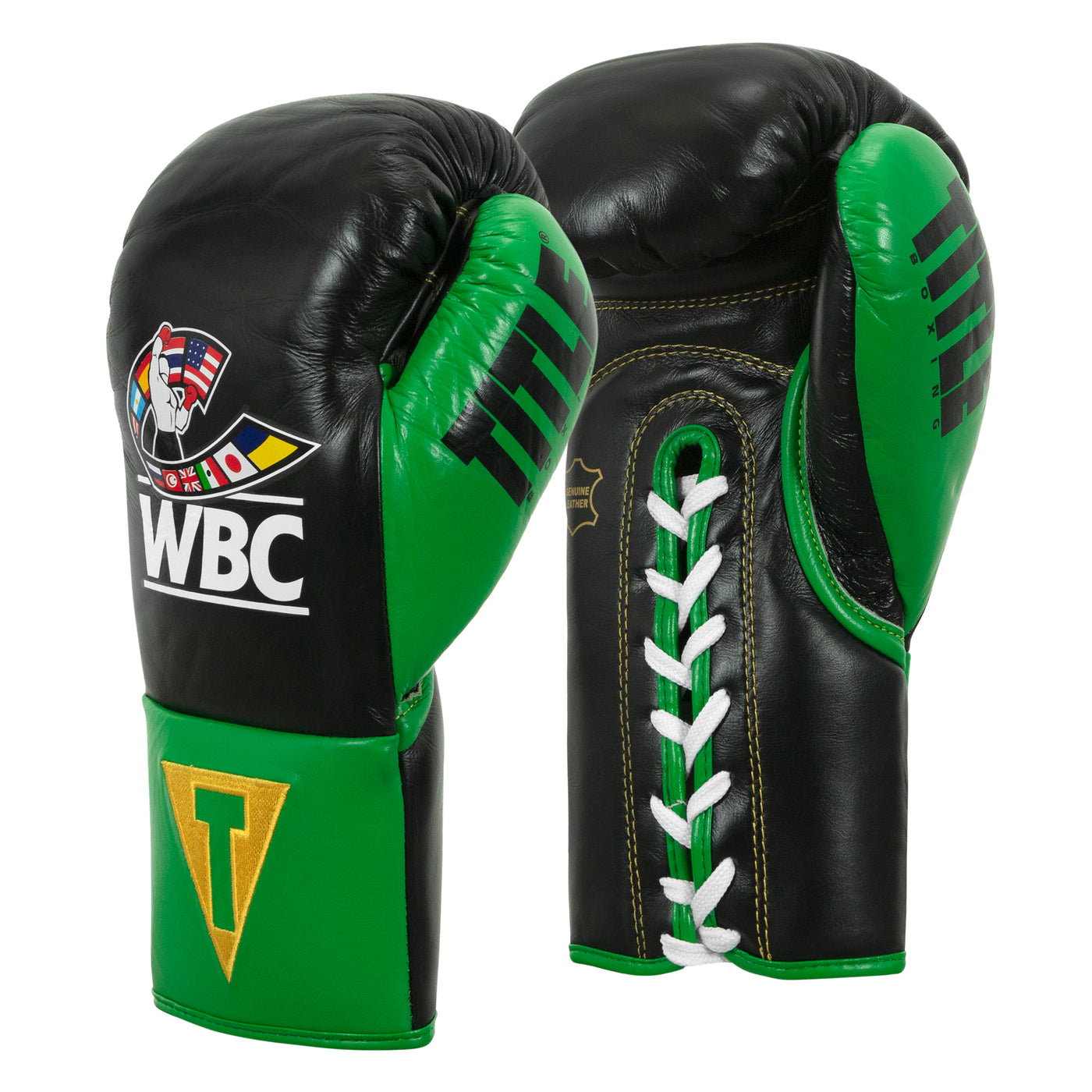 variant:Black/Green::WBC by TITLE Boxing Pro Fight Leather Gloves side view