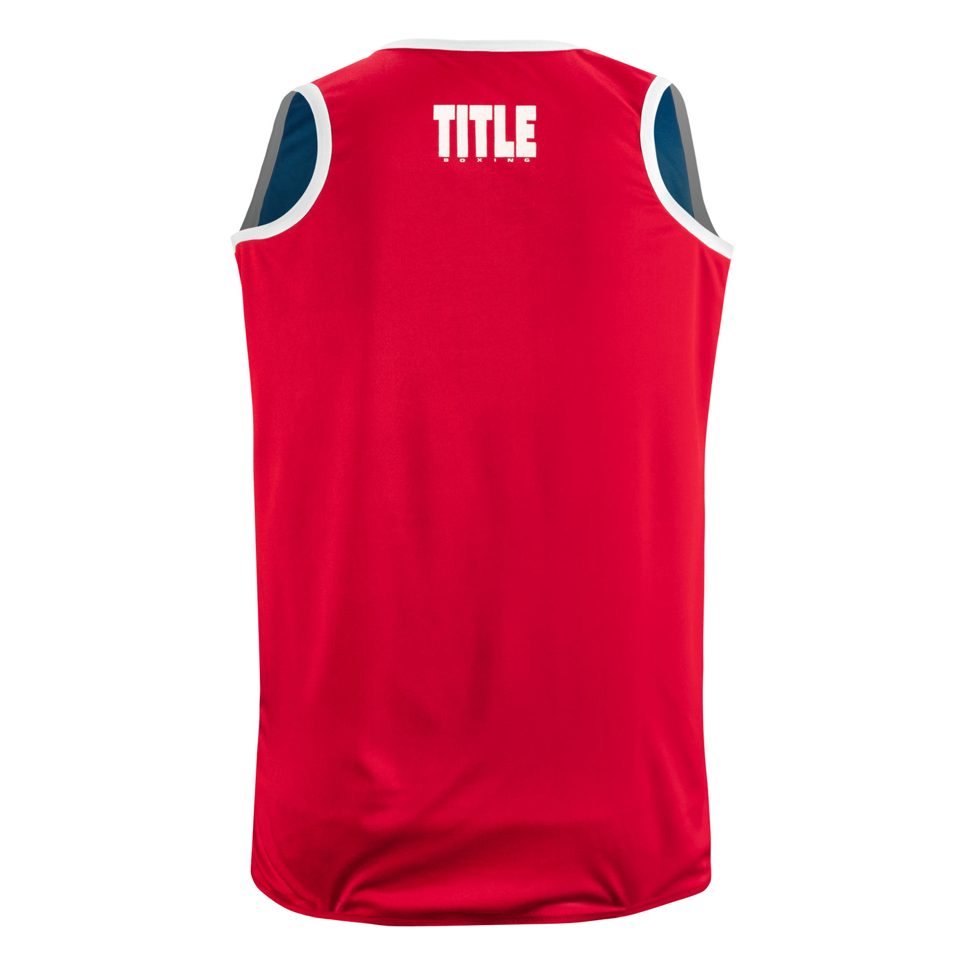 variant:Red/Blue::TITLE boxing Women's Reversible Elite Amateur boxing set red side jersey closeup back view