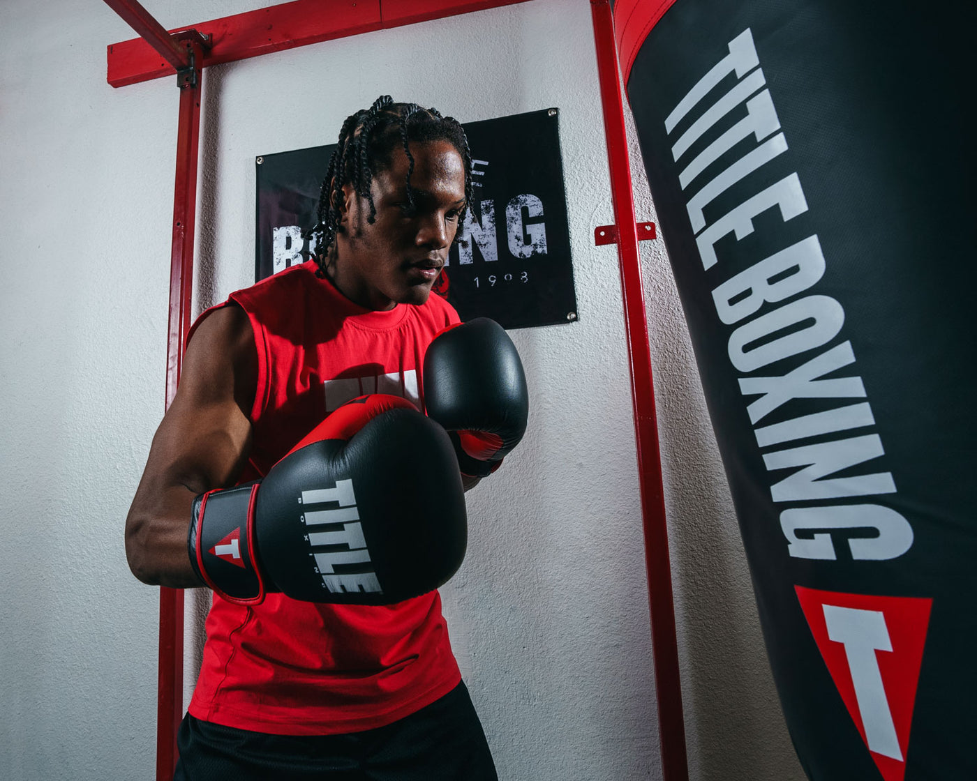 variant:Black/Red::TITLE Boxing Dynamic Strike Heavy Bag Gloves boxing stance