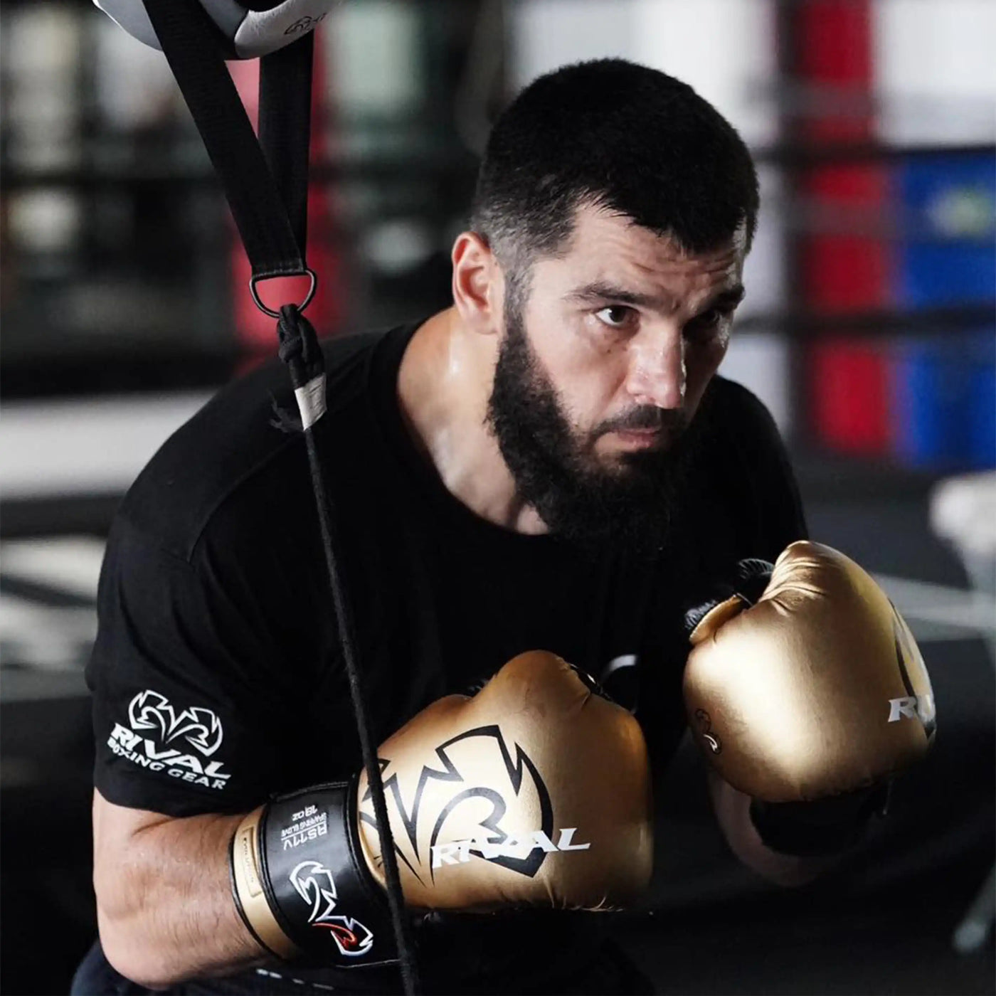 variant:Gold::Man wearing boxing gloves and a black shirt with visible branding in a gym setting.