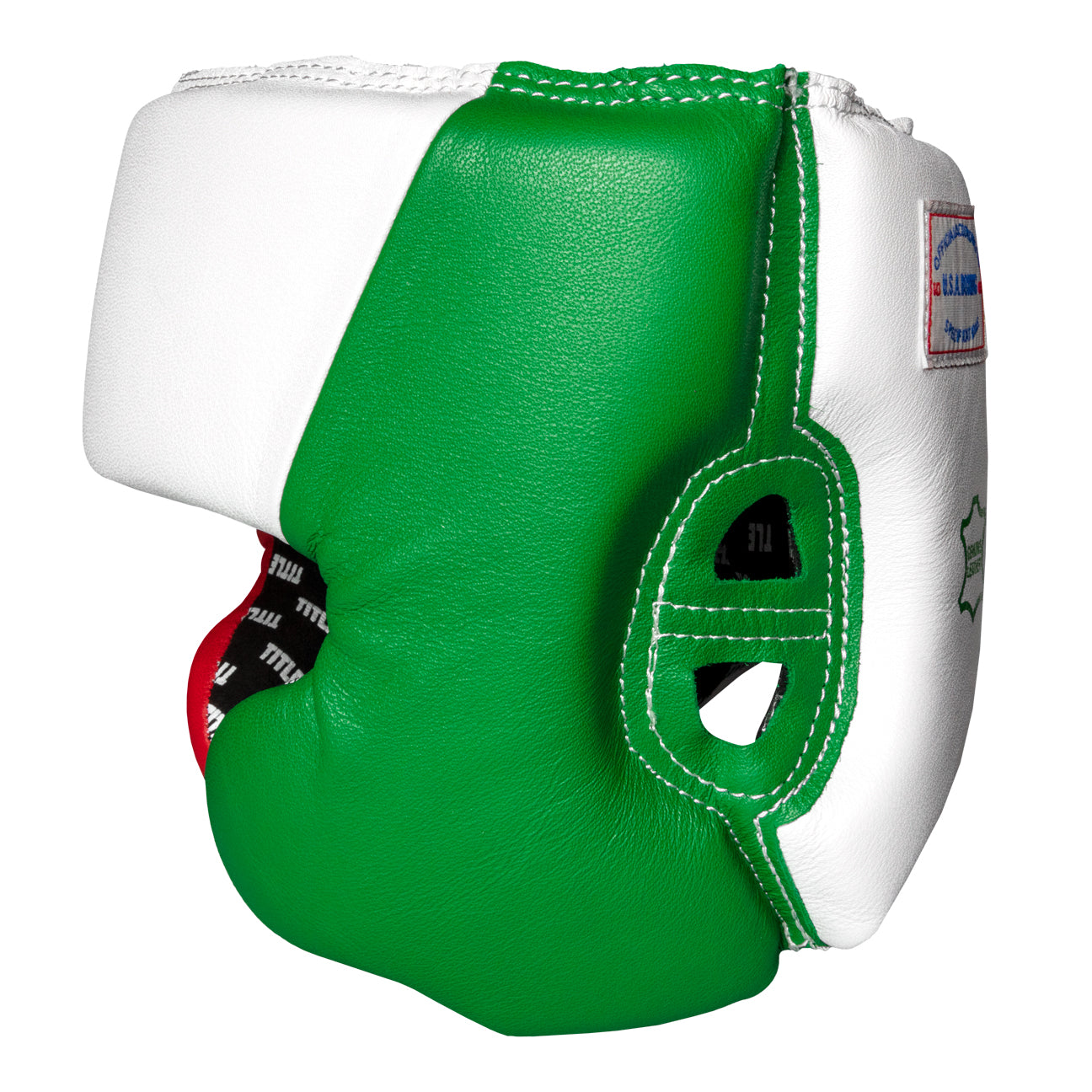 variant:Blank White/Green/Red::TITLE Boxing USA Boxing Competition Headgear - With Cheeks side view