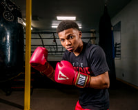 variant:red/white::TITLE Boxeo Mexican Leather Bag Gloves Quatro boxing stance 