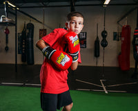 variant:Red/Black::BOOM BOOM Boxing Striker Youth Boxing Gloves boy standing boxing pose