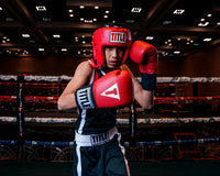 variant:red::TITLE Classic USA Boxing Competition Headgear-Open Face kid boxing stance black outfit