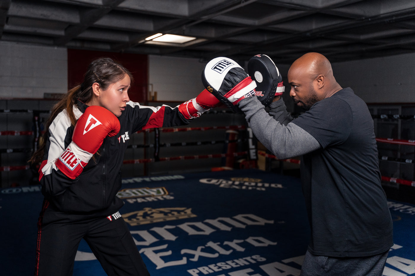 variant:red::TITLE Classic Leather Lace Training Gloves 2.0 girl and coach hitting mitts