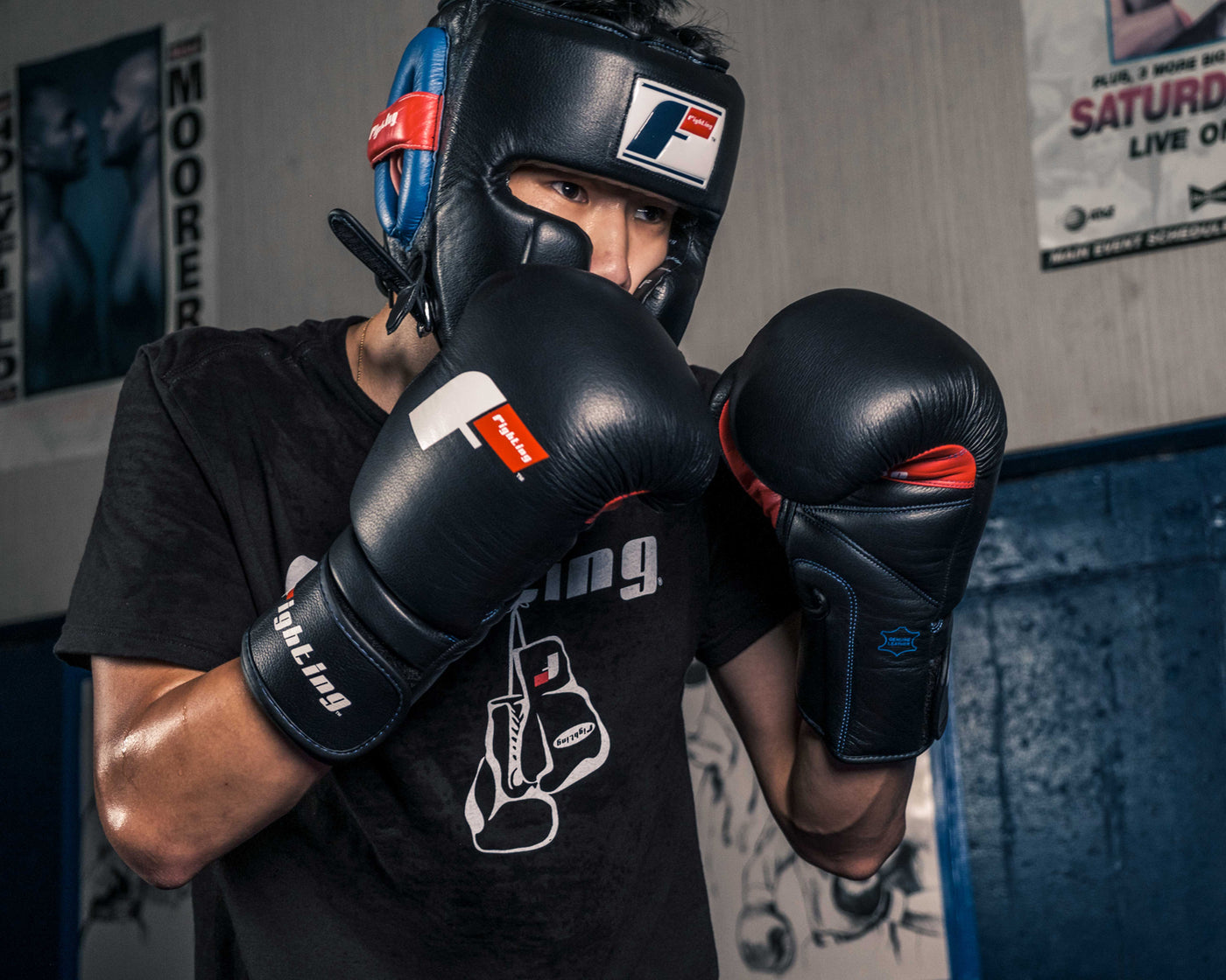 variant:black::Fighting Leather Sparring Headgear guy posing with headgear