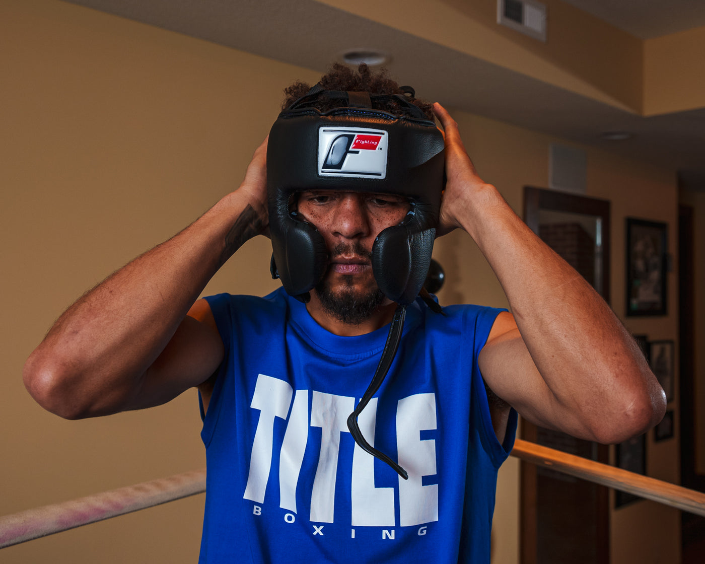 variant:black::Fighting Leather Sparring Headgear guy posing with headgear