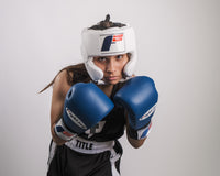 variant:White::Fighting USA Boxing Competition Headgear with Cheeks girl posing in headgear