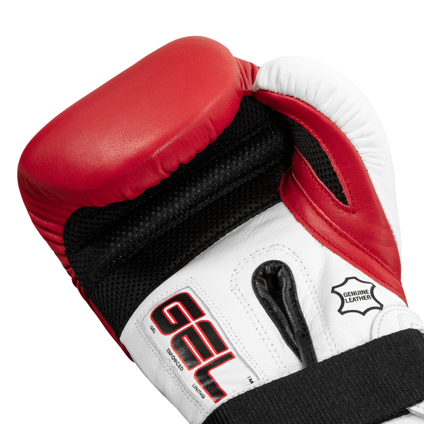 variant:Red/White::TITLE Boxing Gel Suspense Training Gloves lay down view