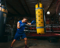 variant:110 lbs::TITLE Boxing Greatest Heavy Bag Ever guy in blue hitting bag