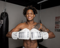 variant:White::TITLE Boxing Inferno Intensity Elastic Training Gloves man posing wearing gloves