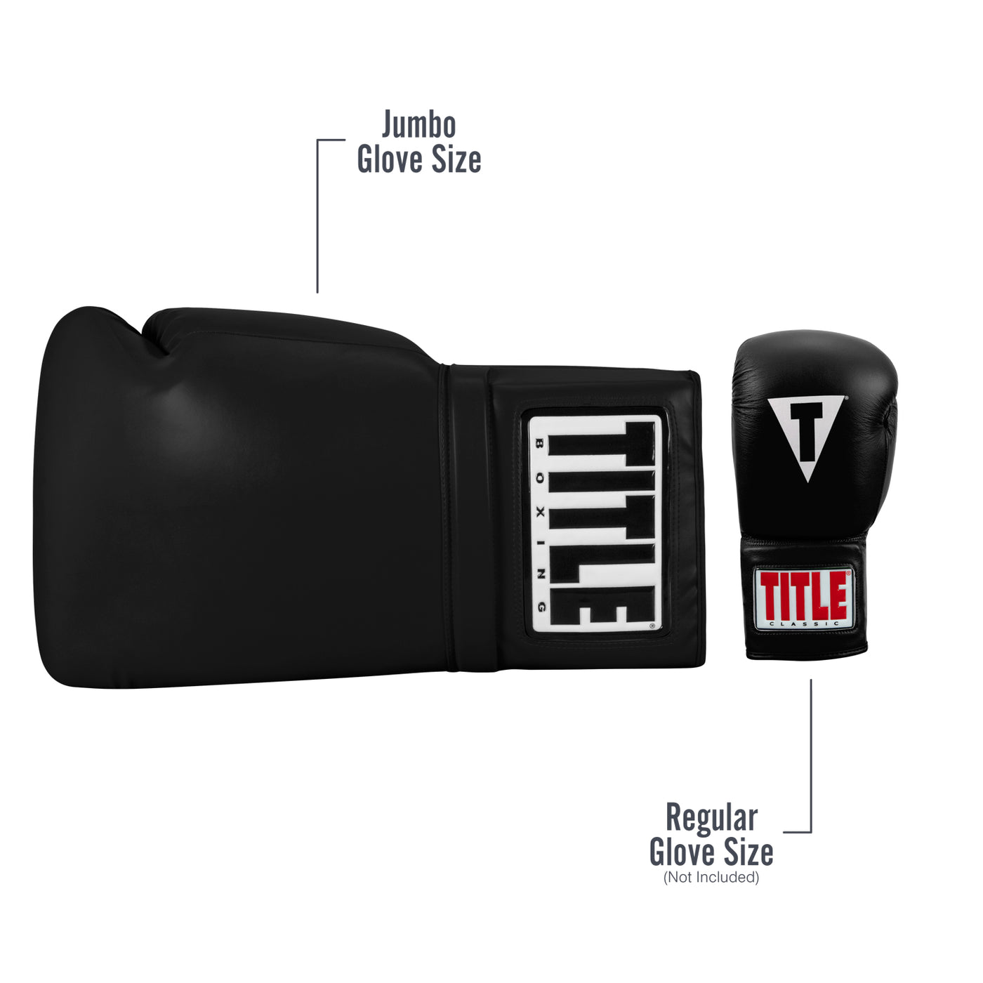 variant:black::TITLE Boxing Jumbo Boxing Gloves 2.0 image showing regular glove size versus jumbo glove size