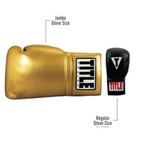 variant:gold::TITLE Boxing Jumbo Boxing Gloves 2.0 image showing jumbo glove size versus regular glove size