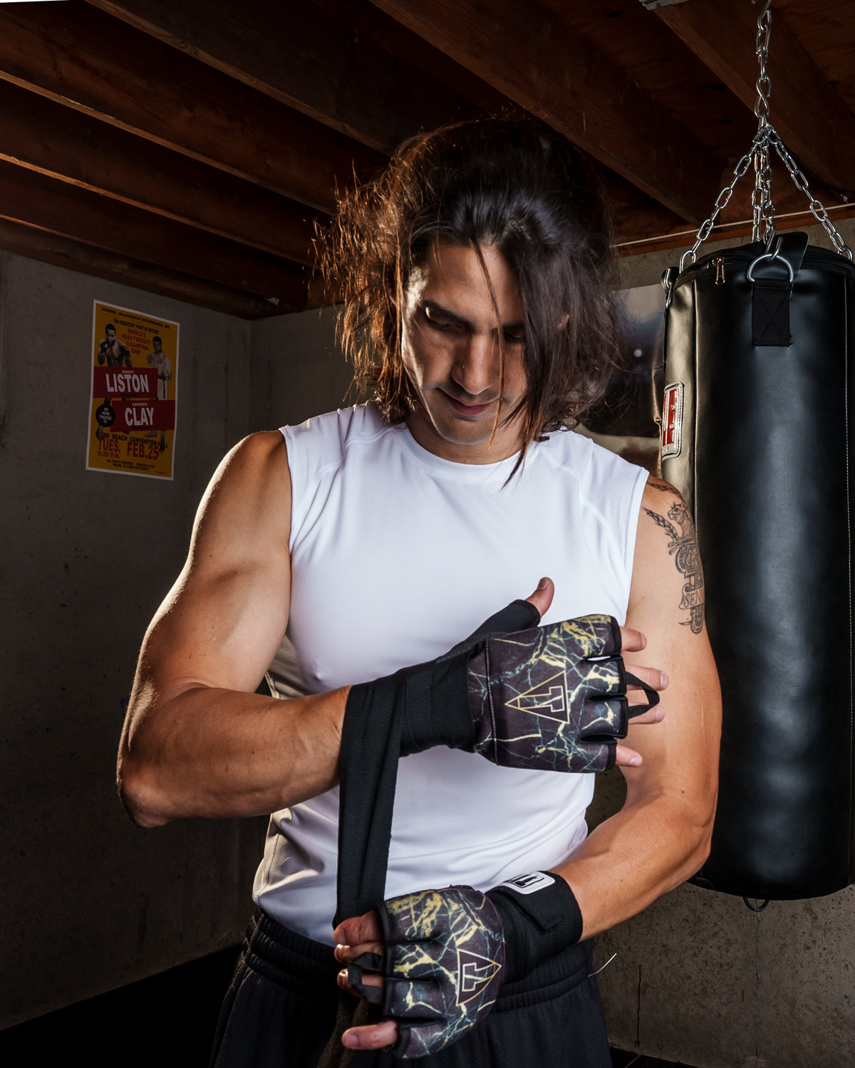 variant:black/gold::TITLE Boxing Defender Sublimated Glove Wraps