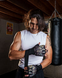 variant:black/gold::TITLE Boxing Defender Sublimated Glove Wraps