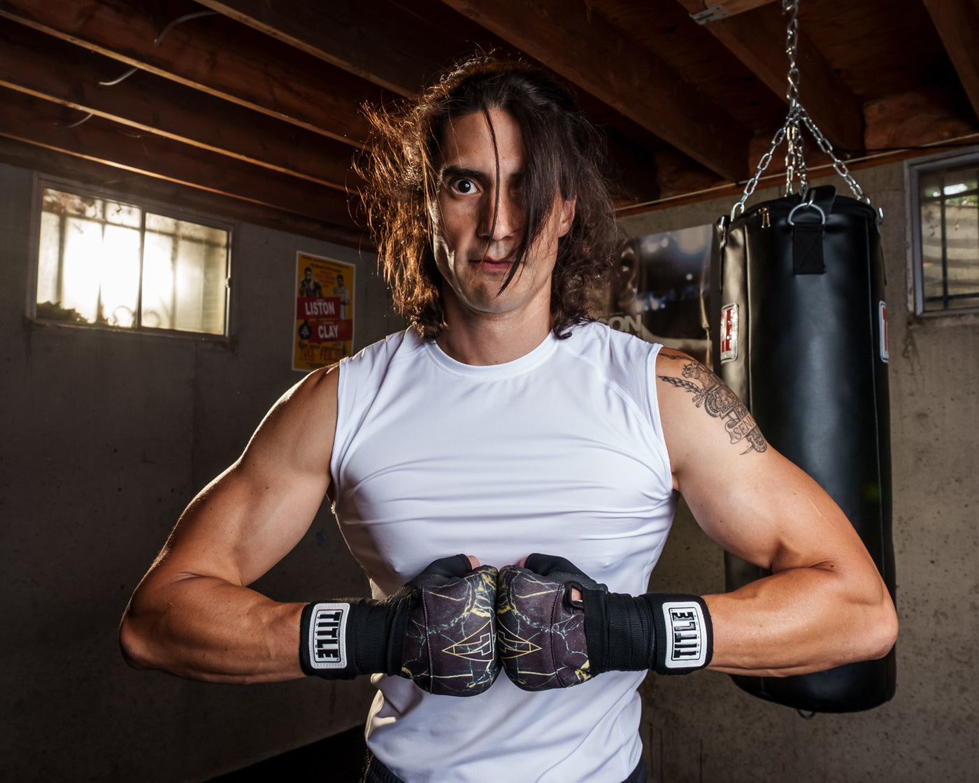variant:black/gold::TITLE Boxing Defender Sublimated Glove Wraps