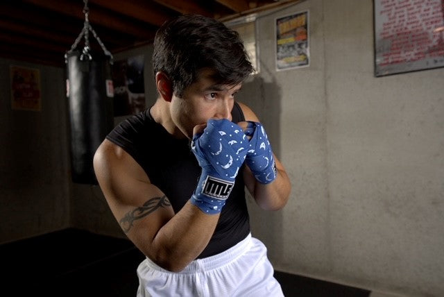 variant:Blue::TITLE Boxing Print Hand Wraps 180"