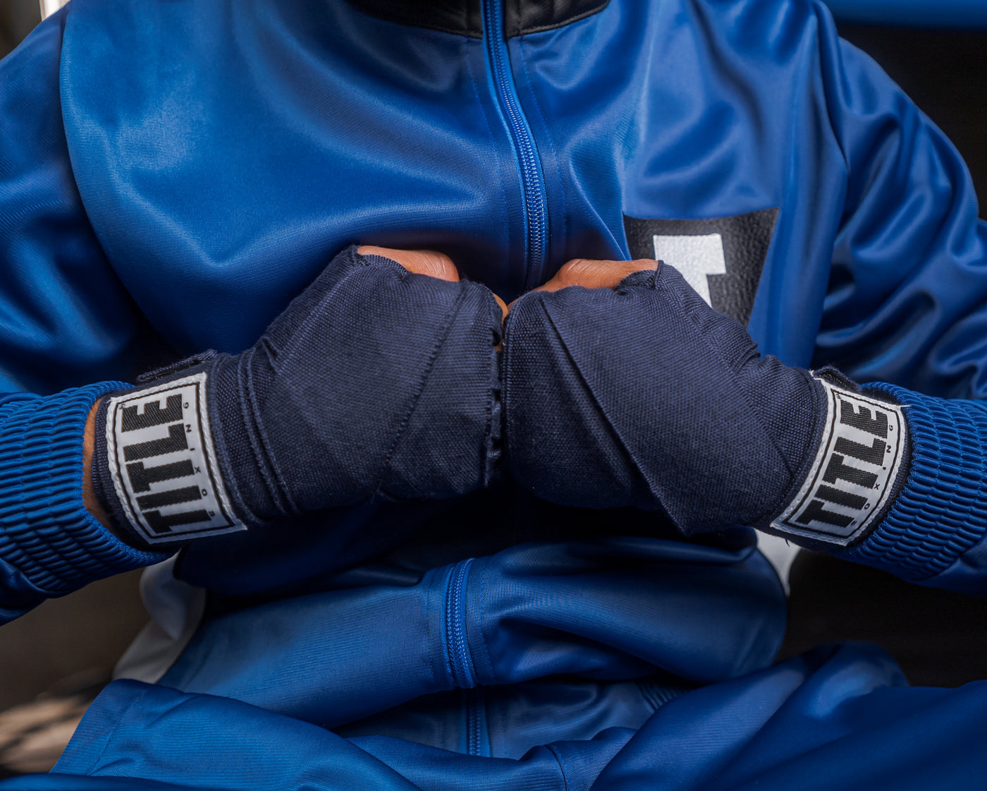 variant:navy::TITLE Boxing Select 180" Semi Elastic Mexican Hand Wraps hands together