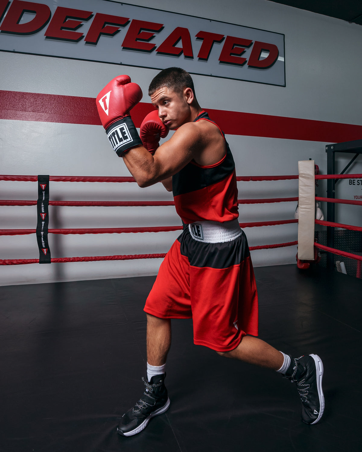 variant:red/black::TITLE Boxing Latitude Amateur Boxing Set kid in ring boxing stance