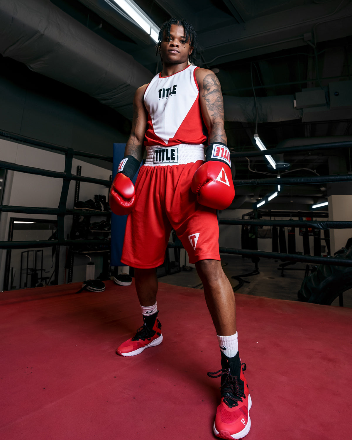variant:red/white::TITLE Boxing Striker Amateur Boxing Set guy in ring close up on gloves