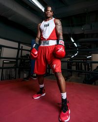 variant:red/white::TITLE Boxing Striker Amateur Boxing Set guy in ring close up on gloves