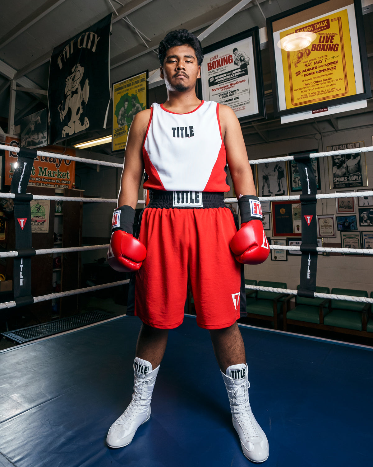 variant:red/white::TITLE Boxing Striker Amateur Boxing Set guy standing in ring hands down