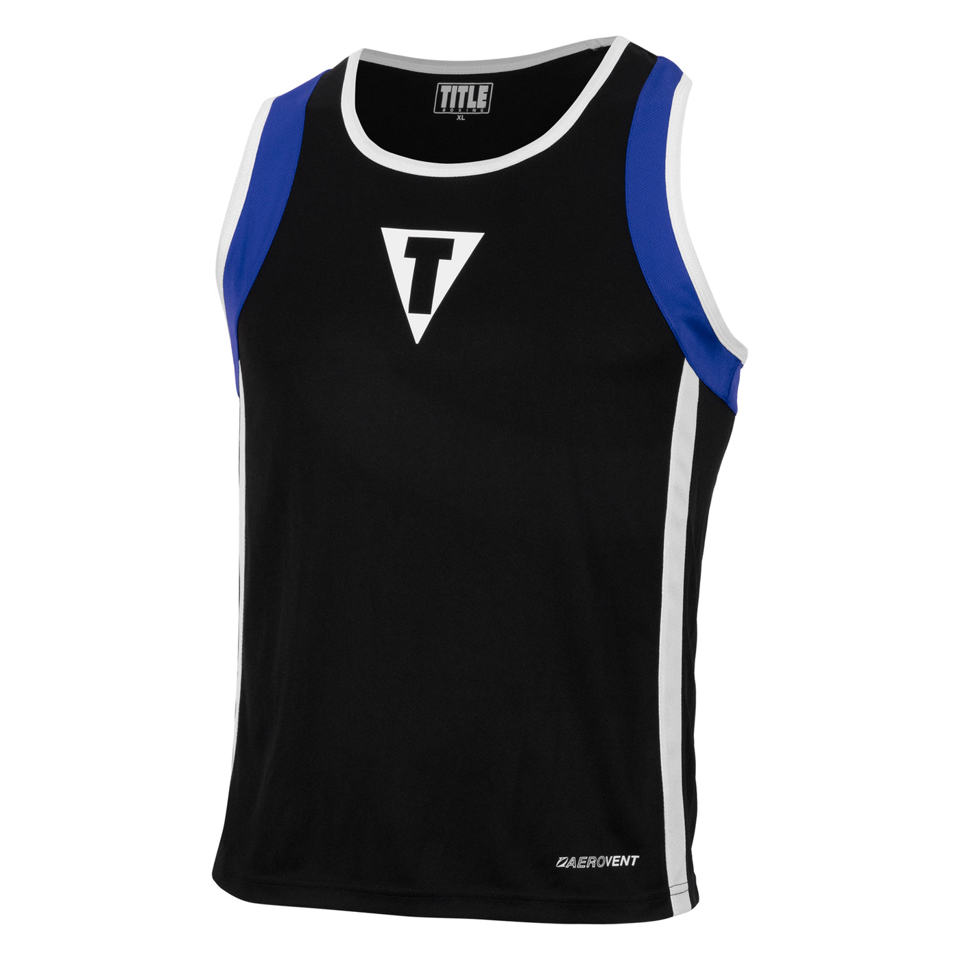 variant:black/blue::TITLE Boxing Aerovent Elite Amateur Boxing Set 4 2.0 front view of shirt